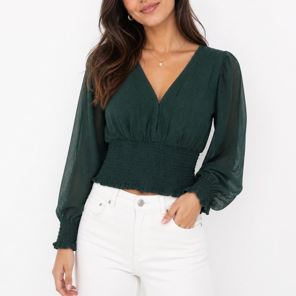 Abercrombie & Fitch Dark Green V-Neck Smocked Waist Blouse